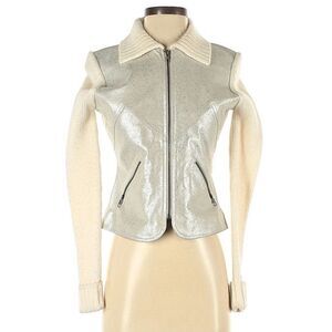Phosphorus Leather Jacket Knit Sleeves Wool Blend Silver Zippers Size Small